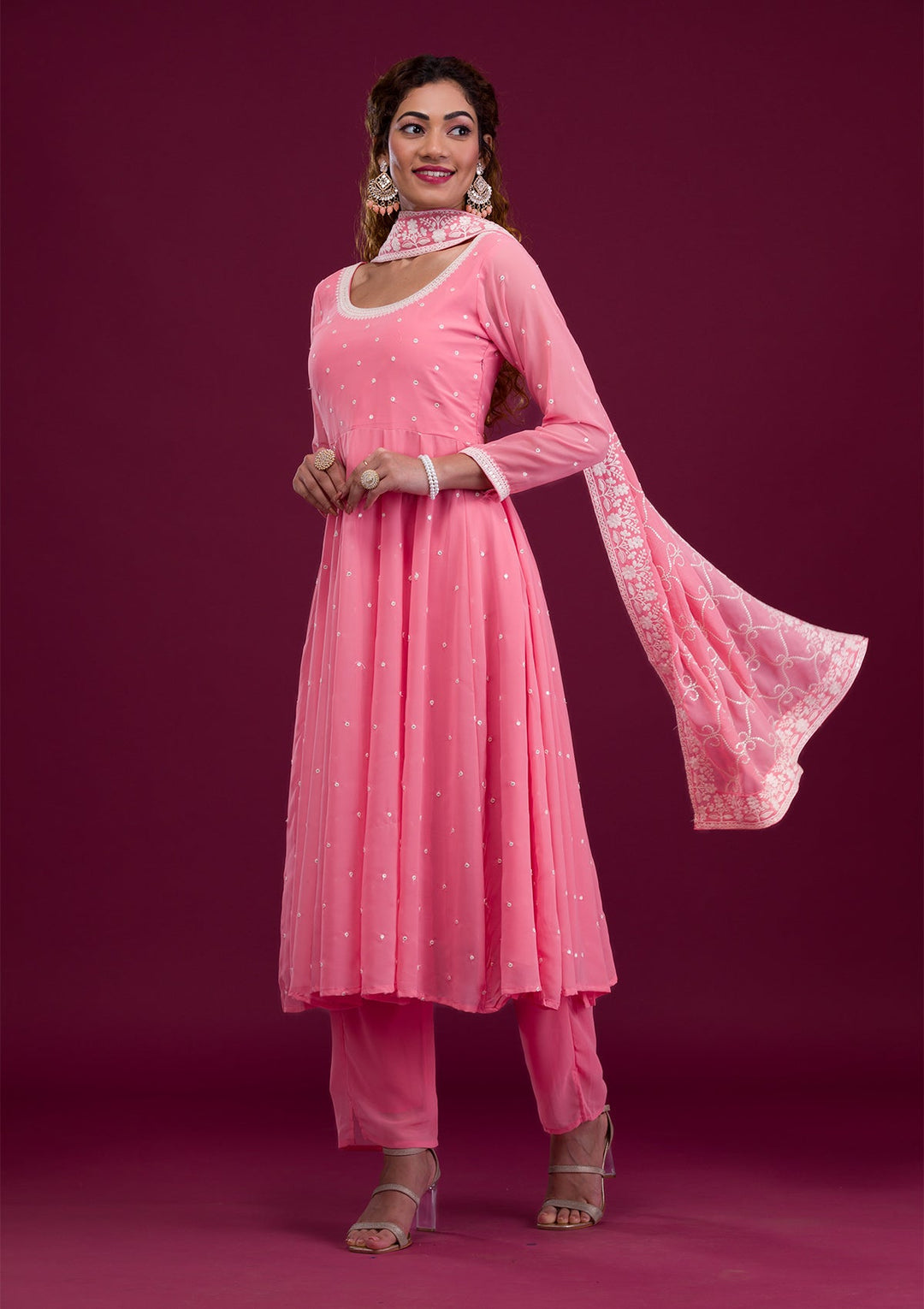 Pink Threadwork Georgette Readymade Salwar Kameez-Koskii
