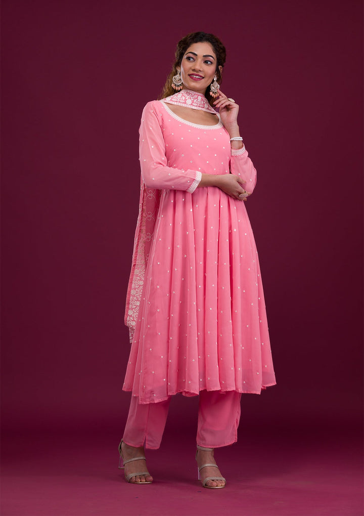 Pink Threadwork Georgette Readymade Salwar Kameez-Koskii