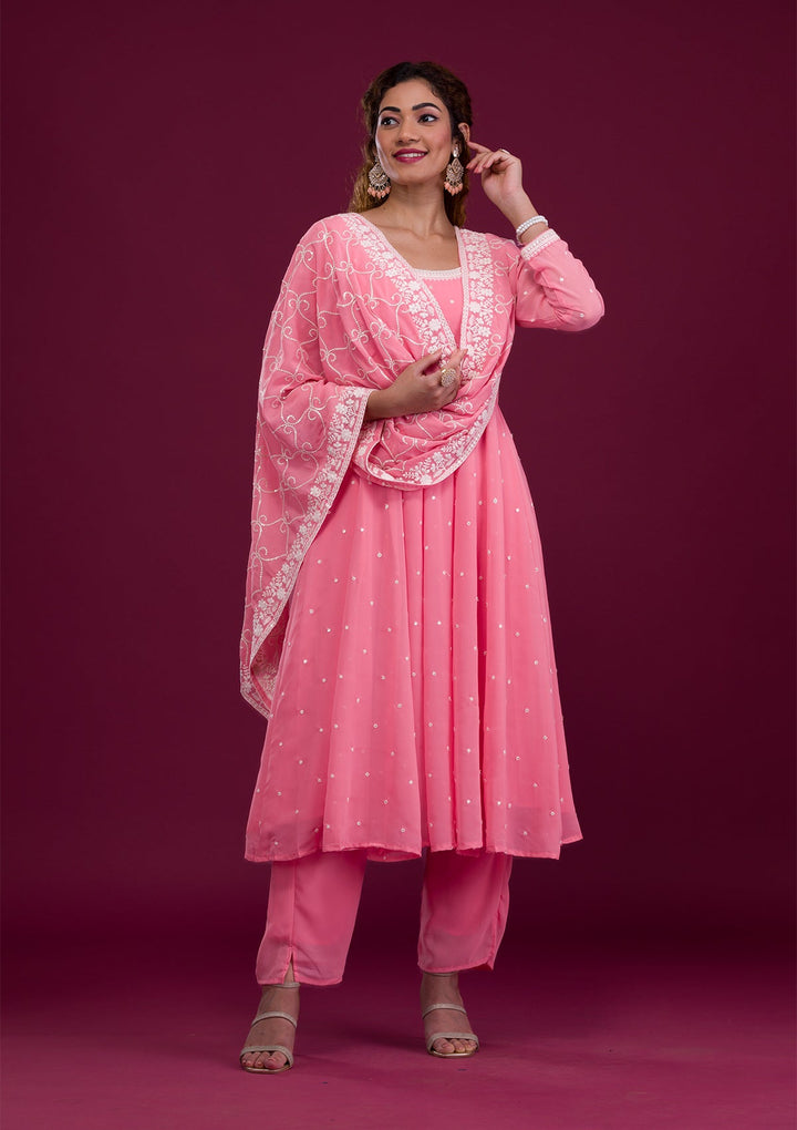 Pink Threadwork Georgette Readymade Salwar Kameez-Koskii