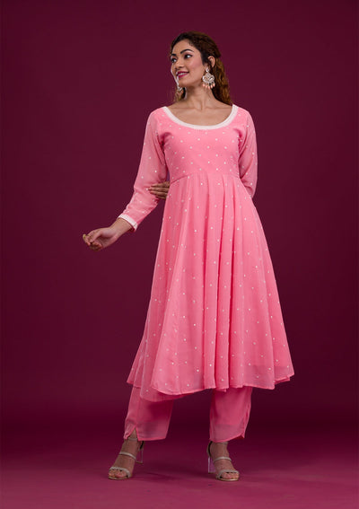 Pink Threadwork Georgette Readymade Salwar Kameez-Koskii