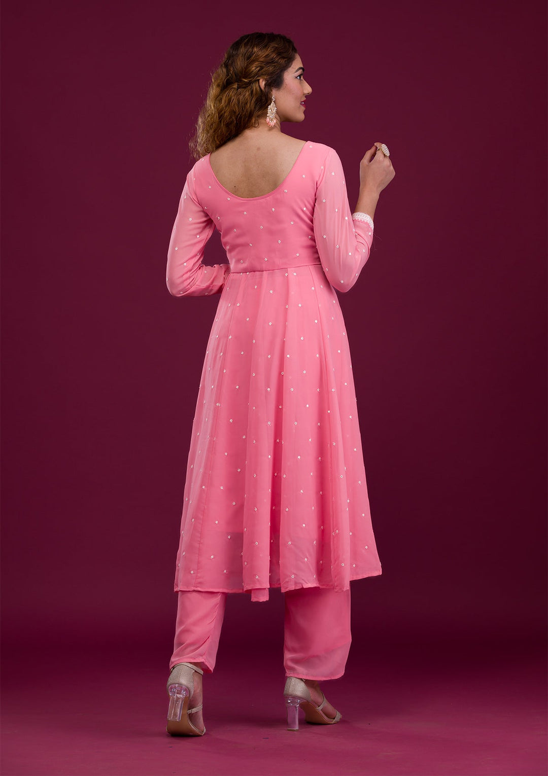 Pink Threadwork Georgette Readymade Salwar Kameez-Koskii