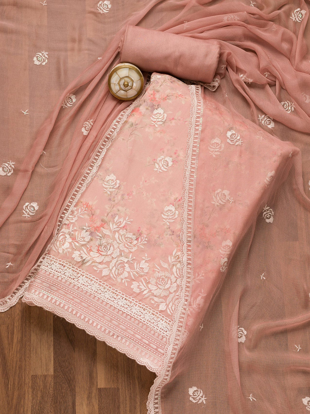 Pink Threadwork Georgette Unstitched Salwar Suit-Koskii