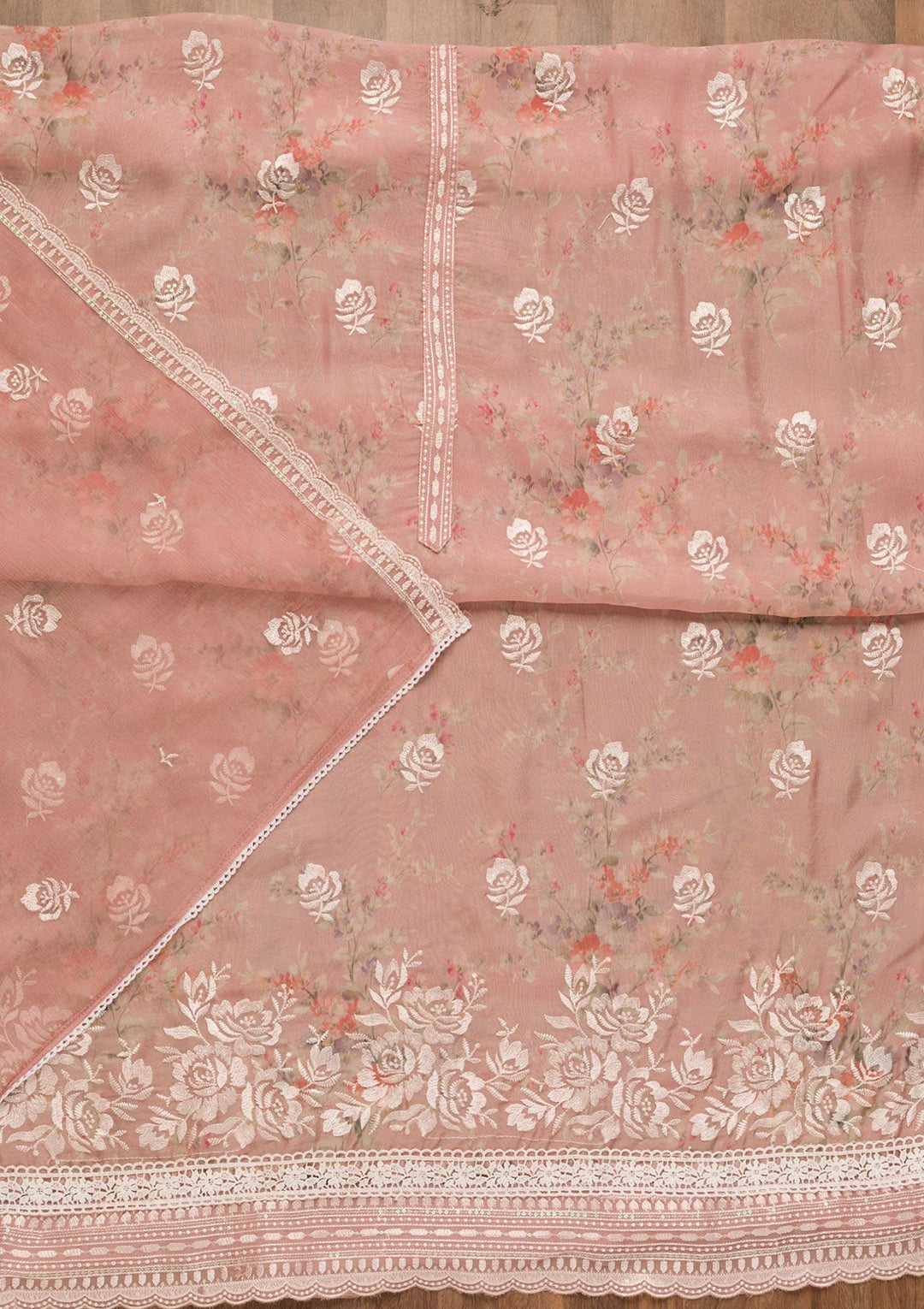Pink Threadwork Georgette Unstitched Salwar Suit-Koskii