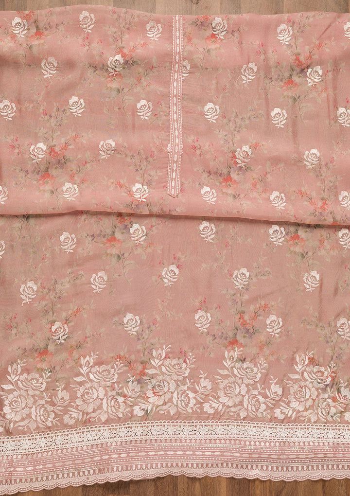 Pink Threadwork Georgette Unstitched Salwar Suit-Koskii
