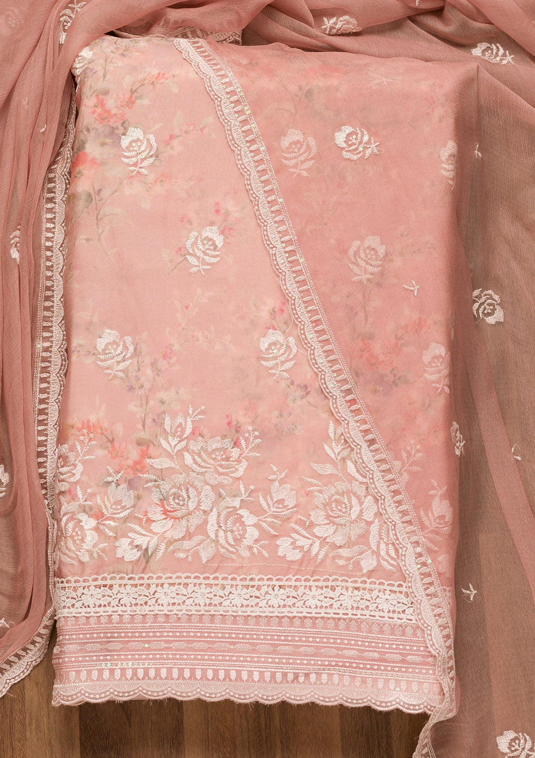 Pink Threadwork Georgette Unstitched Salwar Suit-Koskii