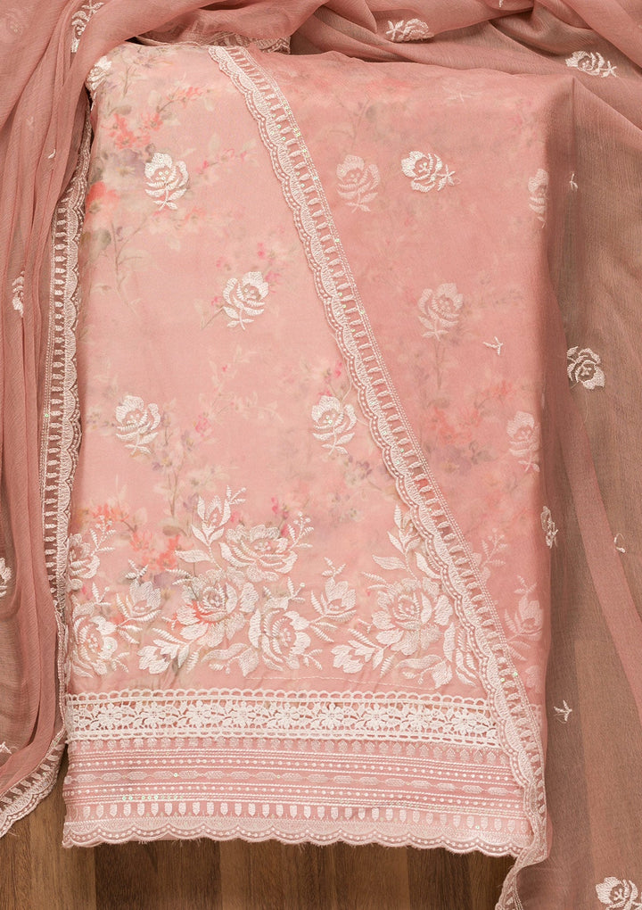 Pink Threadwork Georgette Unstitched Salwar Suit-Koskii