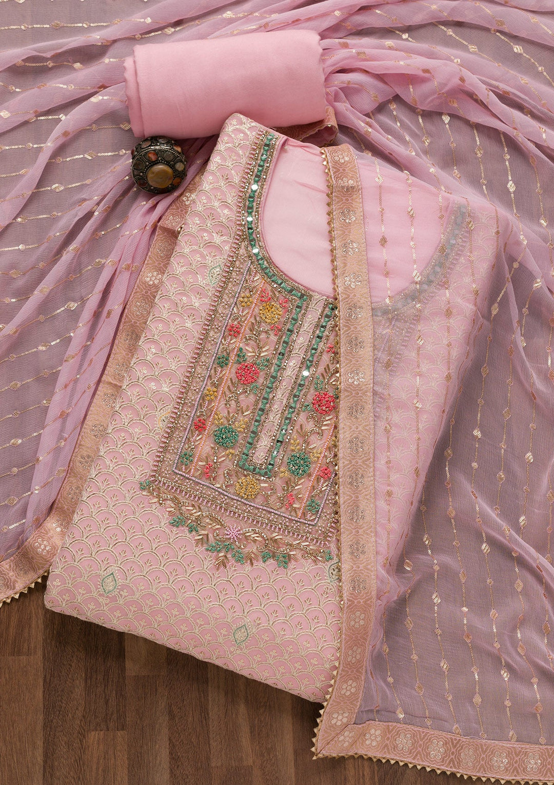Pink Threadwork Georgette Unstitched Salwar Suit-Koskii