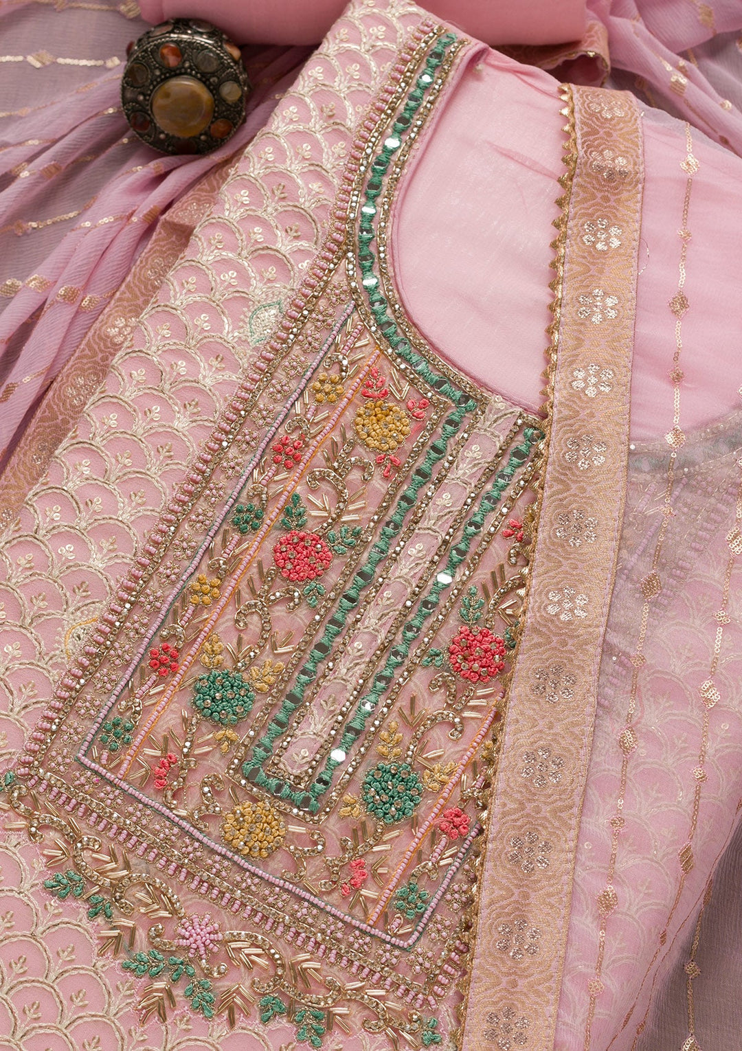 Pink Threadwork Georgette Unstitched Salwar Suit-Koskii
