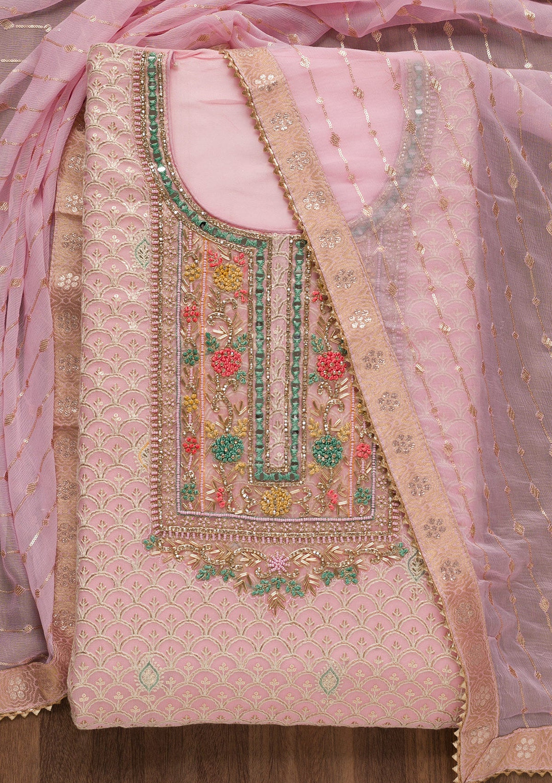 Pink Threadwork Georgette Unstitched Salwar Suit-Koskii