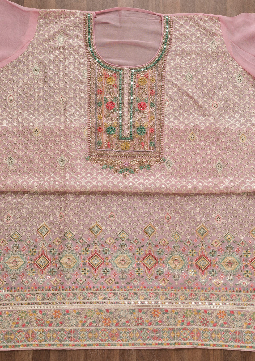Pink Threadwork Georgette Unstitched Salwar Suit-Koskii