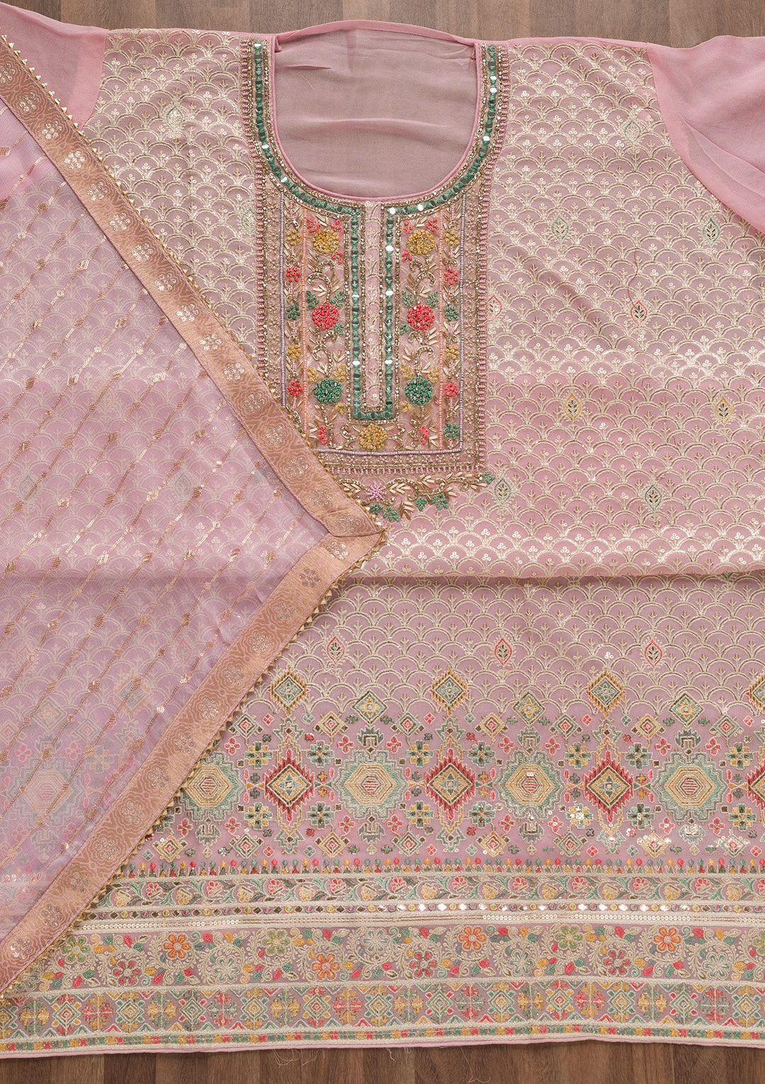 Pink Threadwork Georgette Unstitched Salwar Suit-Koskii
