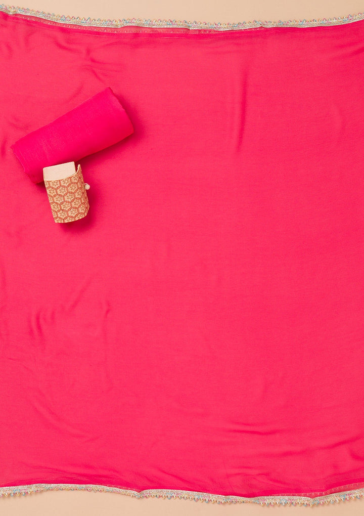 Pink Threadwork Georgette Unstitched Salwar Suit-Koskii