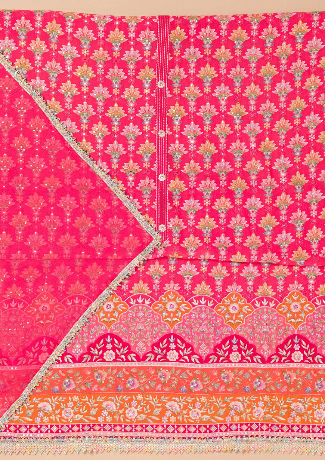 Pink Threadwork Georgette Unstitched Salwar Suit-Koskii