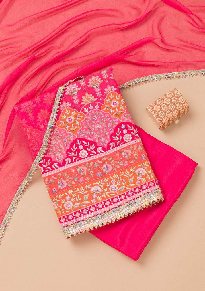 Pink Threadwork Georgette Unstitched Salwar Suit-Koskii