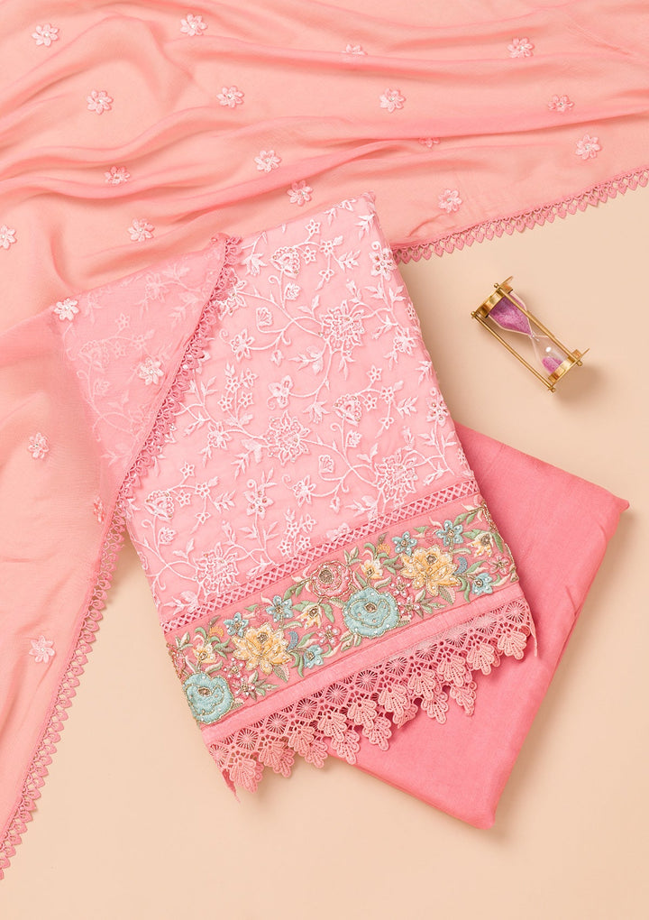 Pink Threadwork Georgette Unstitched Salwar Suit-Koskii
