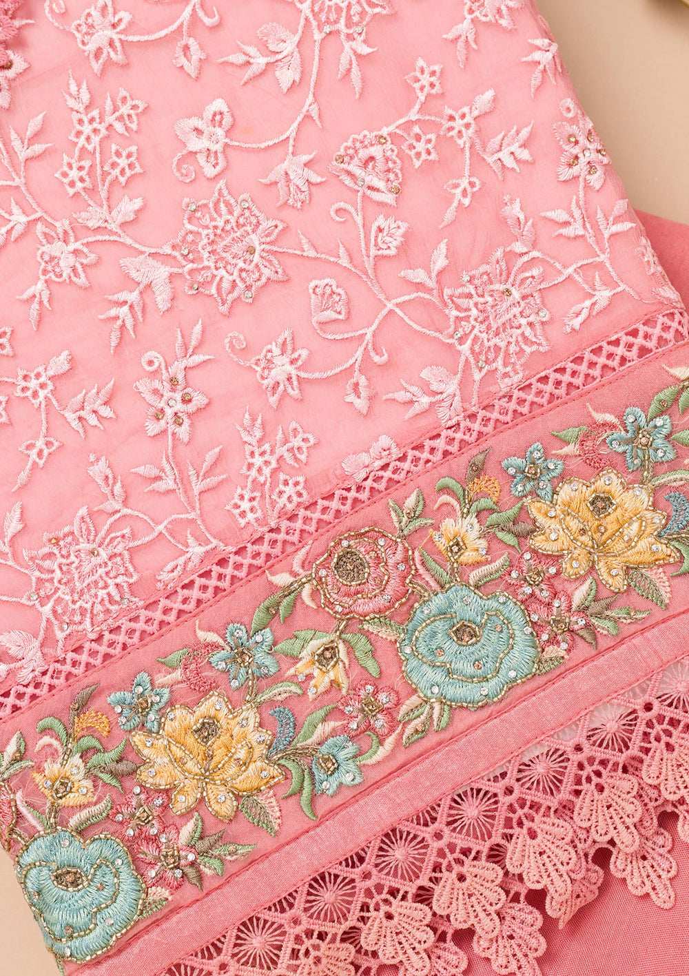 Pink Threadwork Georgette Unstitched Salwar Suit-Koskii