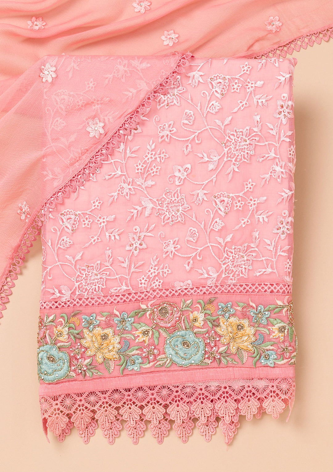 Pink Threadwork Georgette Unstitched Salwar Suit-Koskii