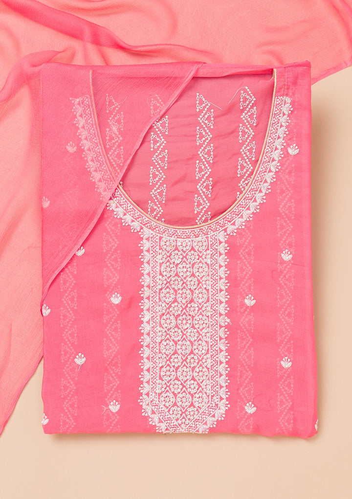 Pink Threadwork Georgette Unstitched Salwar Suit-Koskii