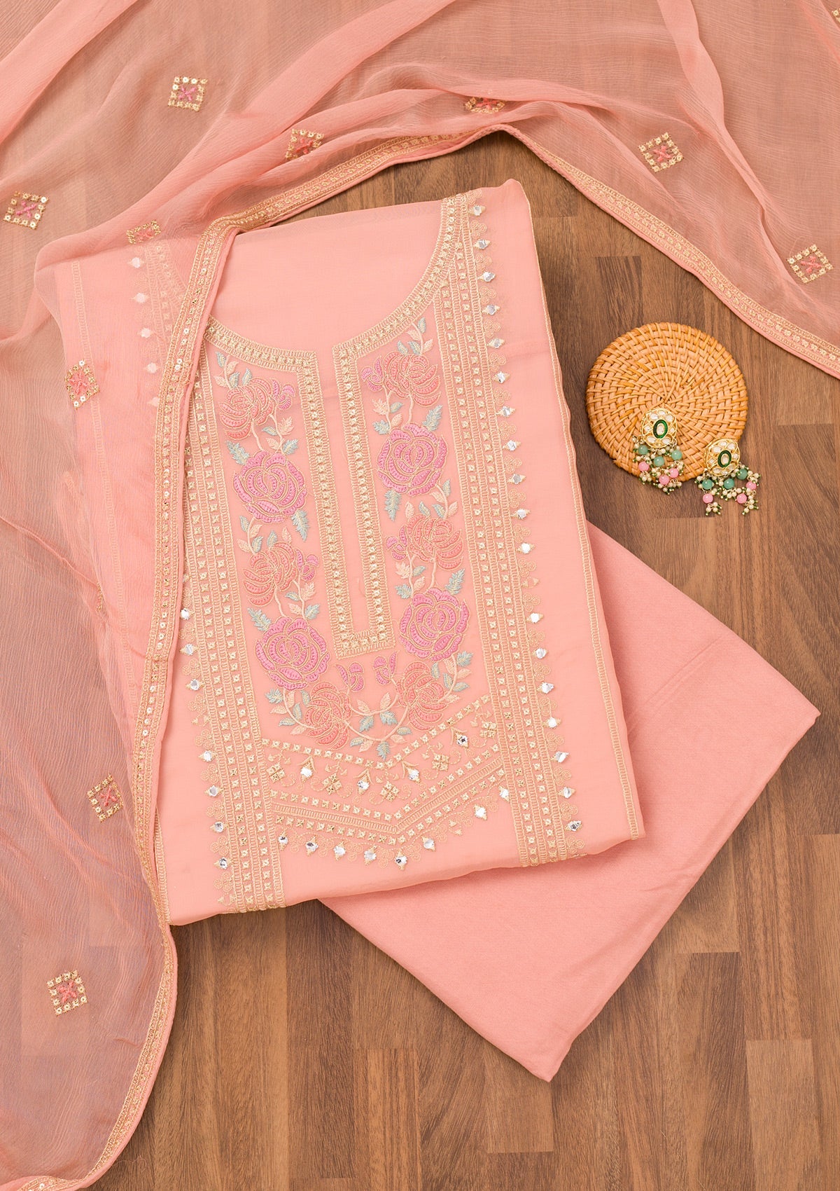 Pink Threadwork Georgette Unstitched Salwar Suit-Koskii