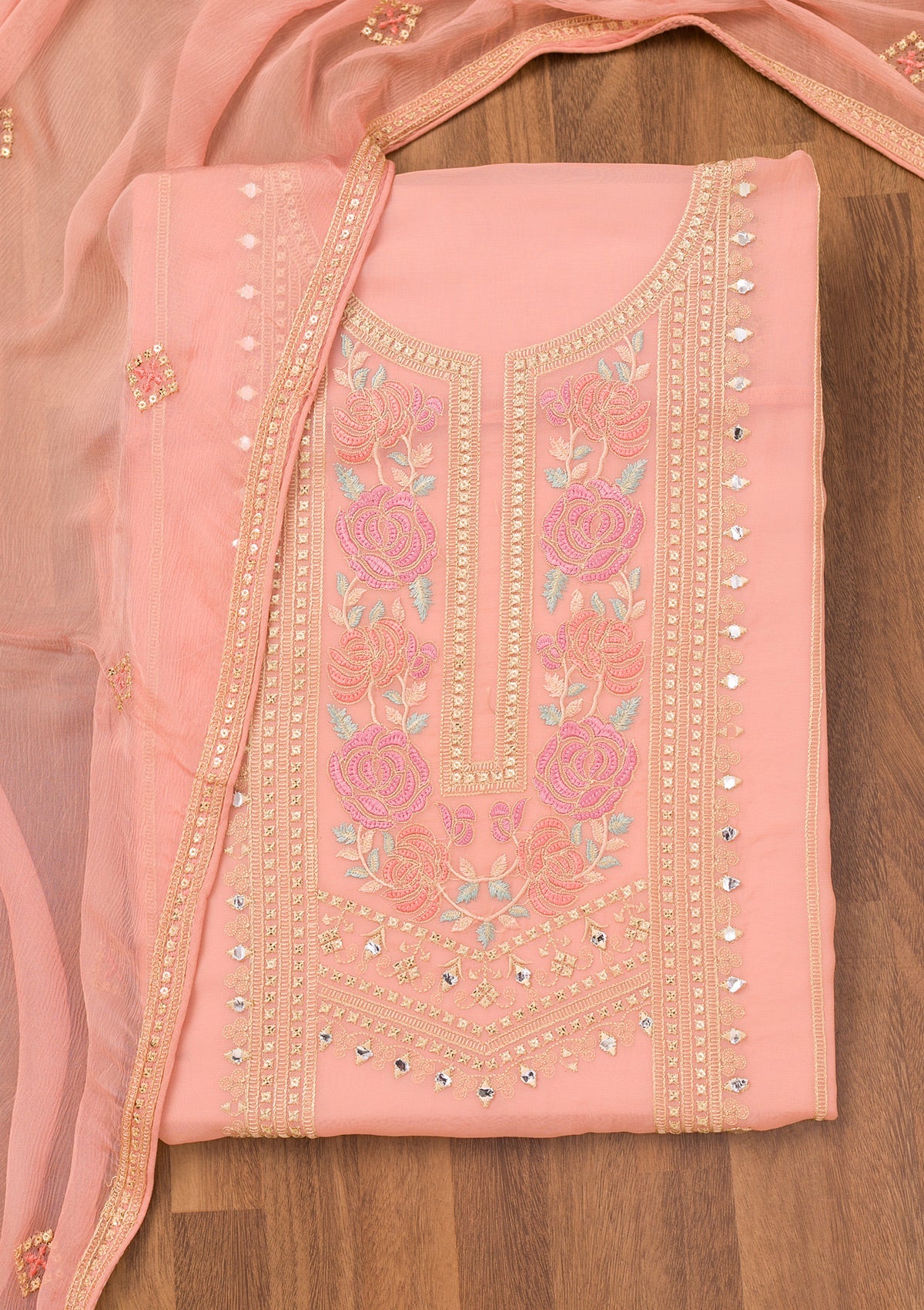 Pink Threadwork Georgette Unstitched Salwar Suit-Koskii