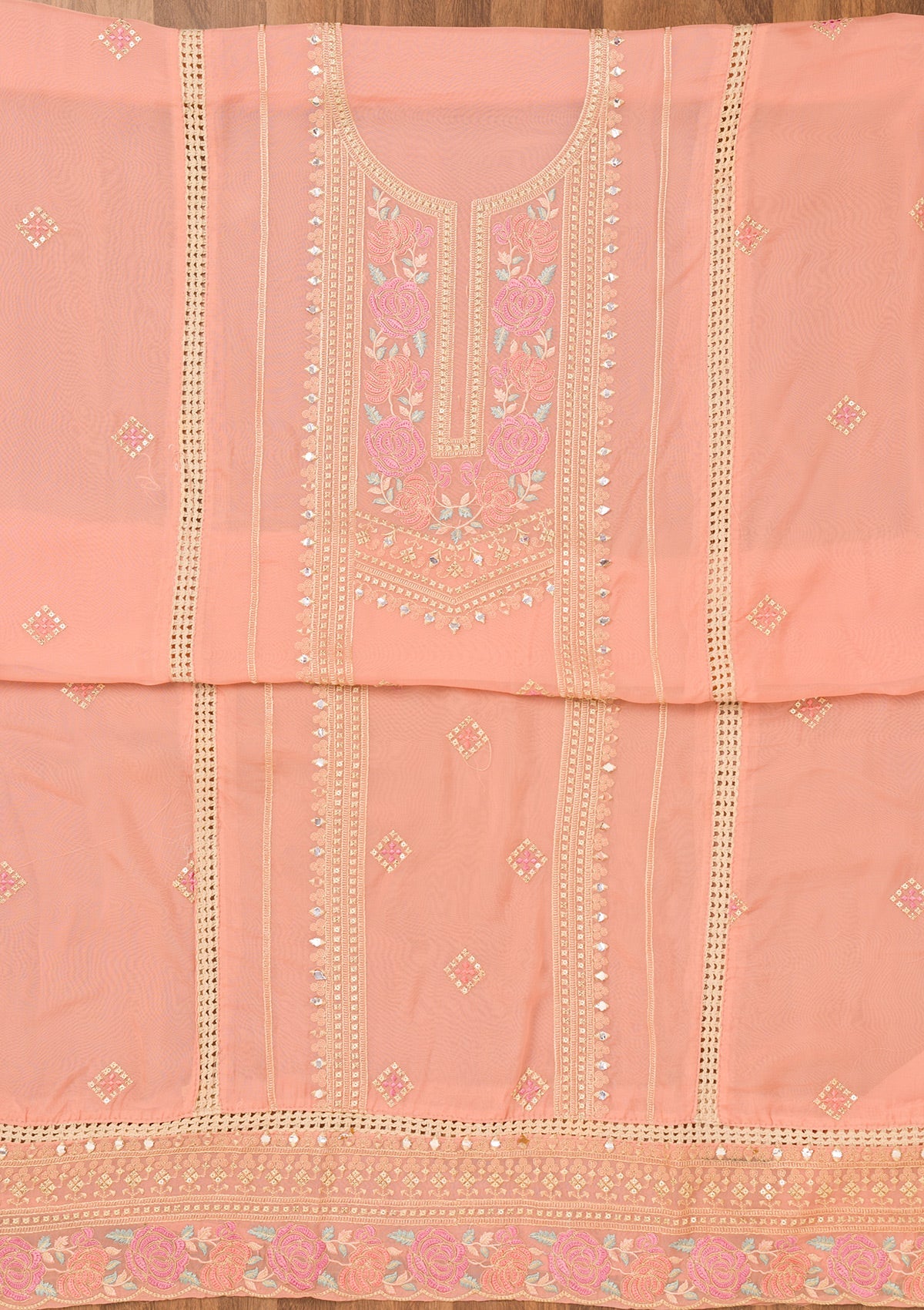 Pink Threadwork Georgette Unstitched Salwar Suit-Koskii