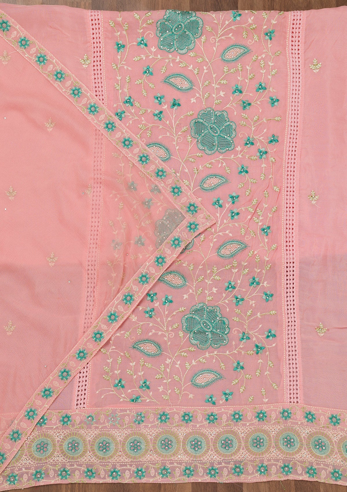 Pink Threadwork Georgette Unstitched Salwar Suit-Koskii