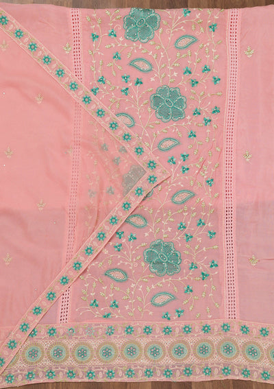 Pink Threadwork Georgette Unstitched Salwar Suit-Koskii