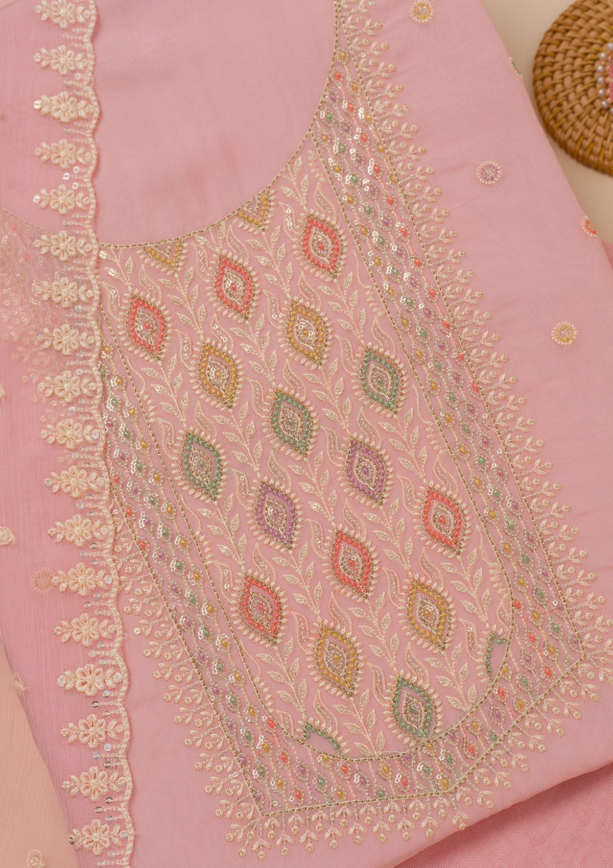 Pink Threadwork Georgette Unstitched Salwar Suit-Koskii