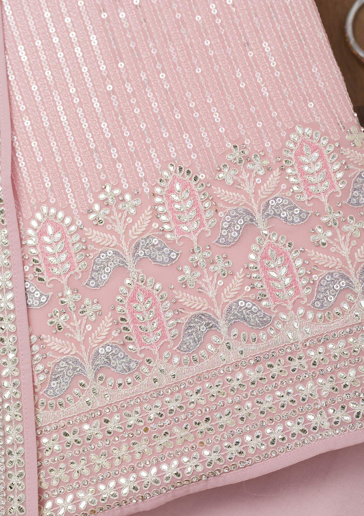 Pink Threadwork Georgette Unstitched Salwar Suit-Koskii