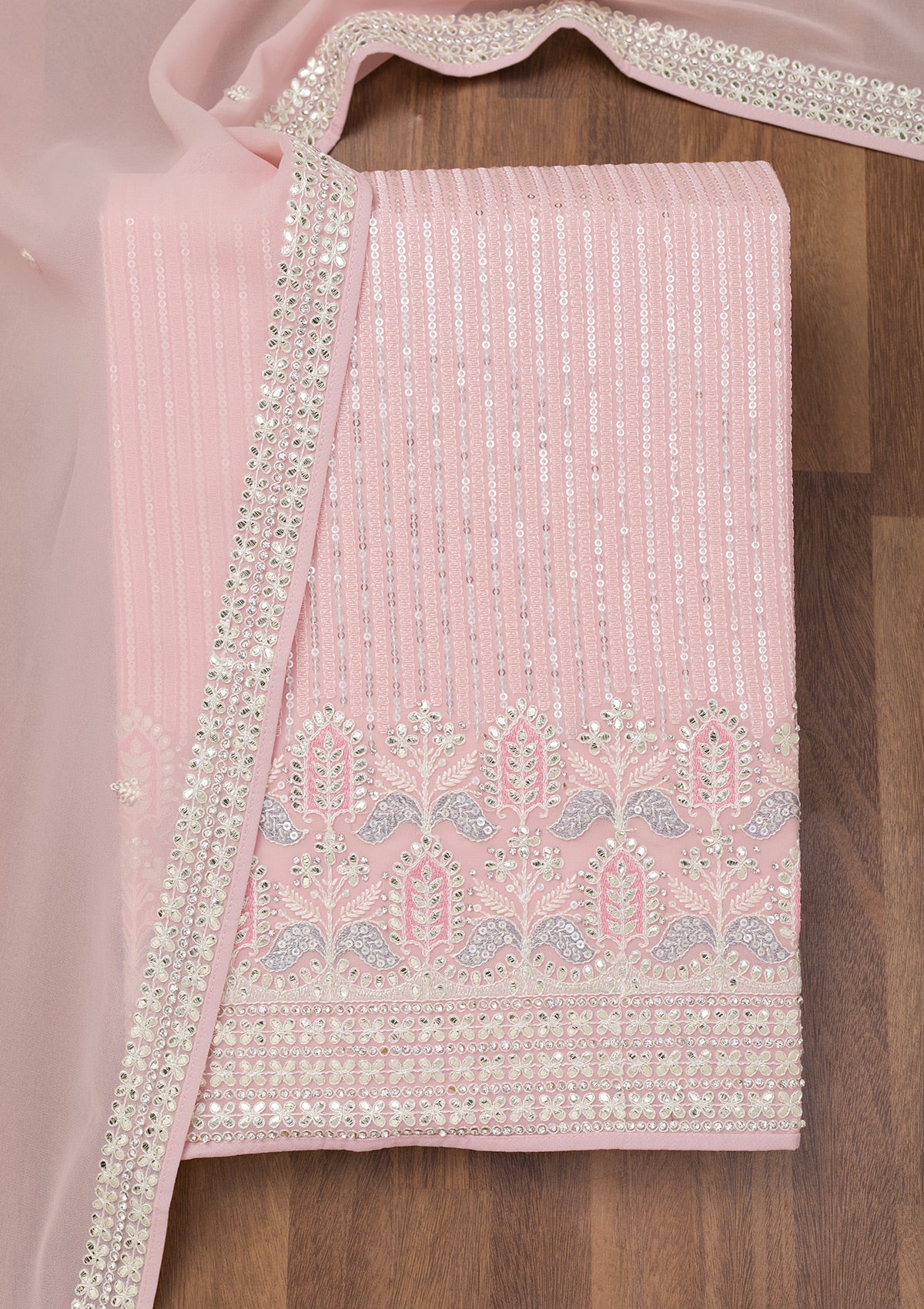 Pink Threadwork Georgette Unstitched Salwar Suit-Koskii