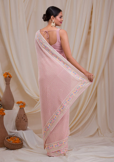 Pink Threadwork Georgette Saree-Koskii