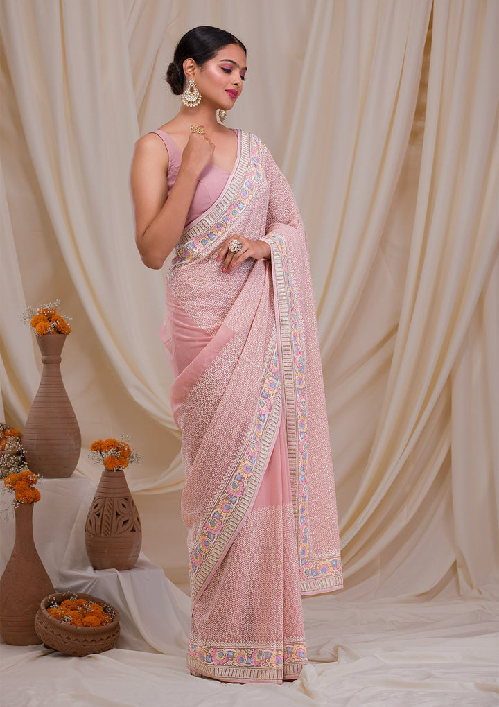 Pink Threadwork Georgette Saree-Koskii