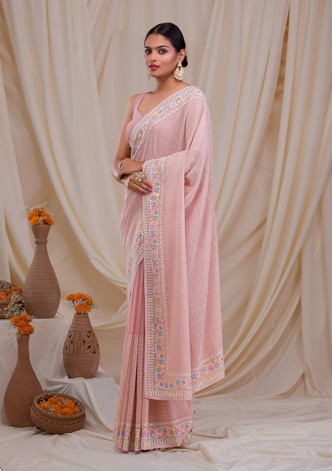 Pink Threadwork Georgette Saree-Koskii