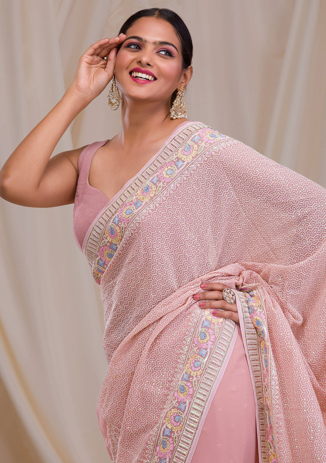 Pink Threadwork Georgette Saree-Koskii
