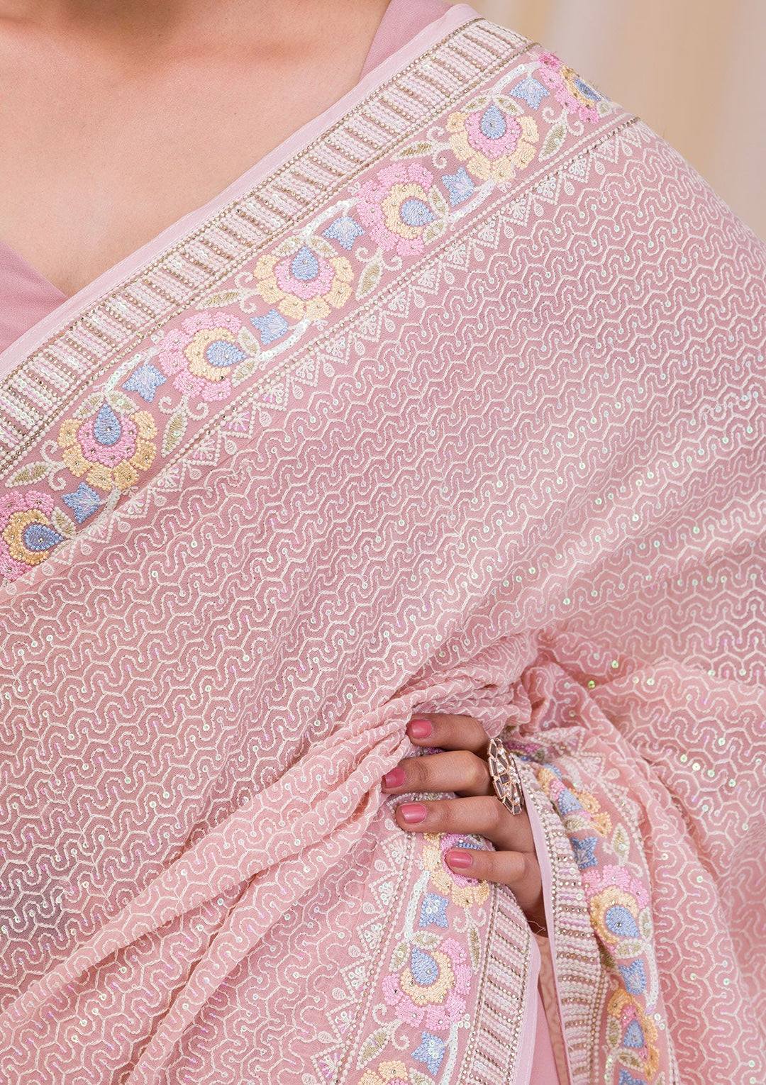 Pink Threadwork Georgette Saree-Koskii