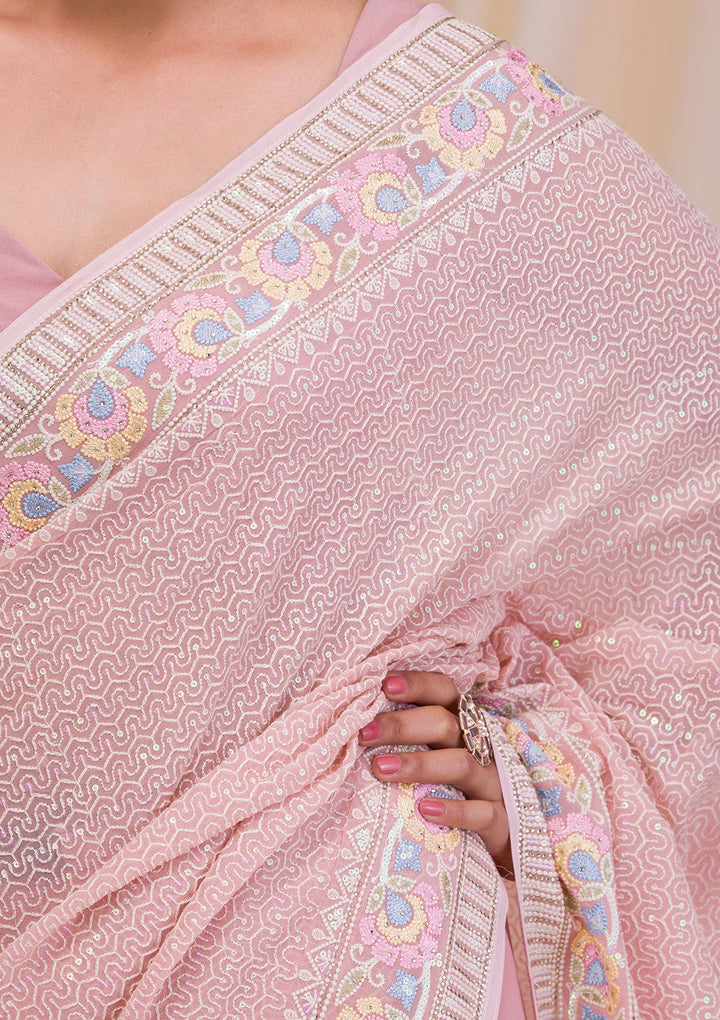 Pink Threadwork Georgette Saree-Koskii