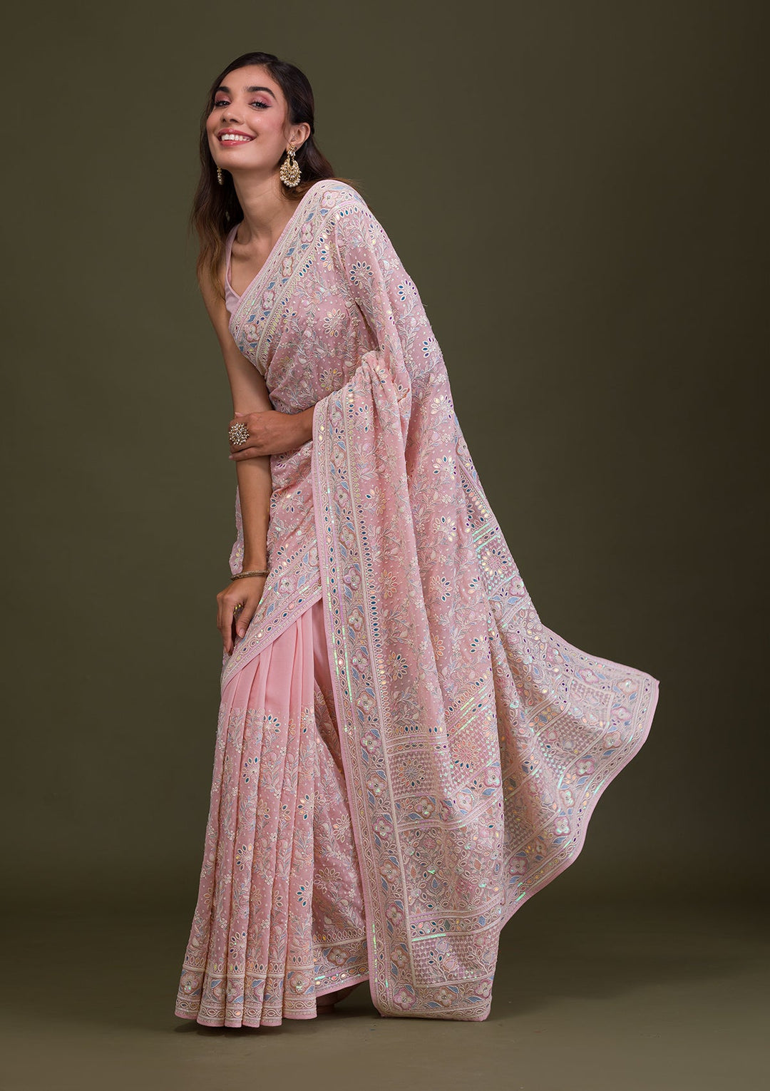 Pink Threadwork Georgette Saree-Koskii