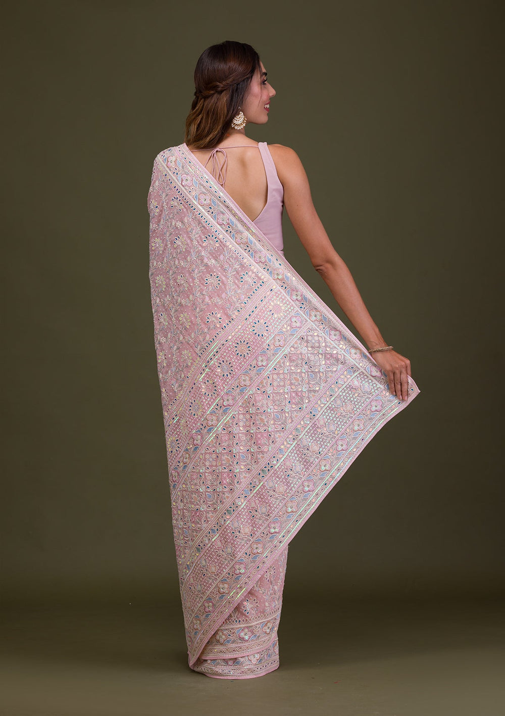 Pink Threadwork Georgette Saree-Koskii