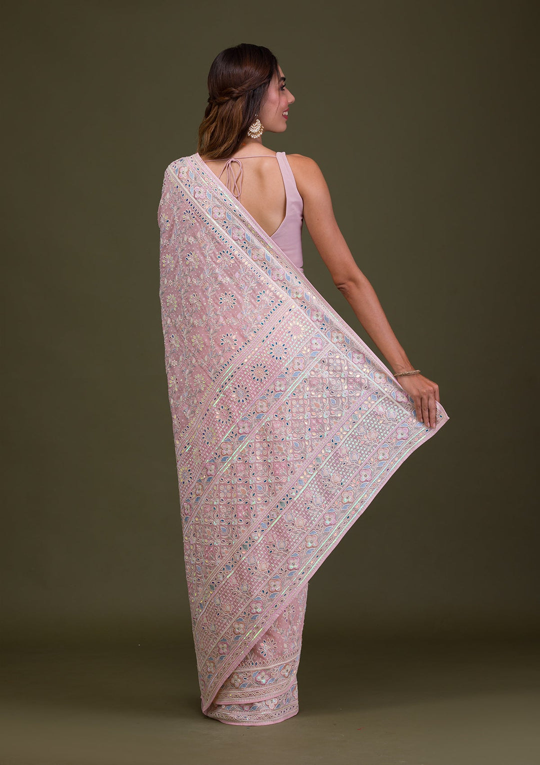 Pink Threadwork Georgette Saree-Koskii