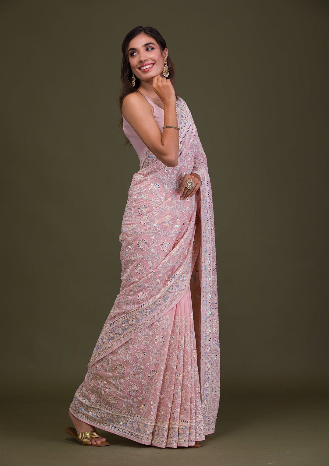 Pink Threadwork Georgette Saree-Koskii
