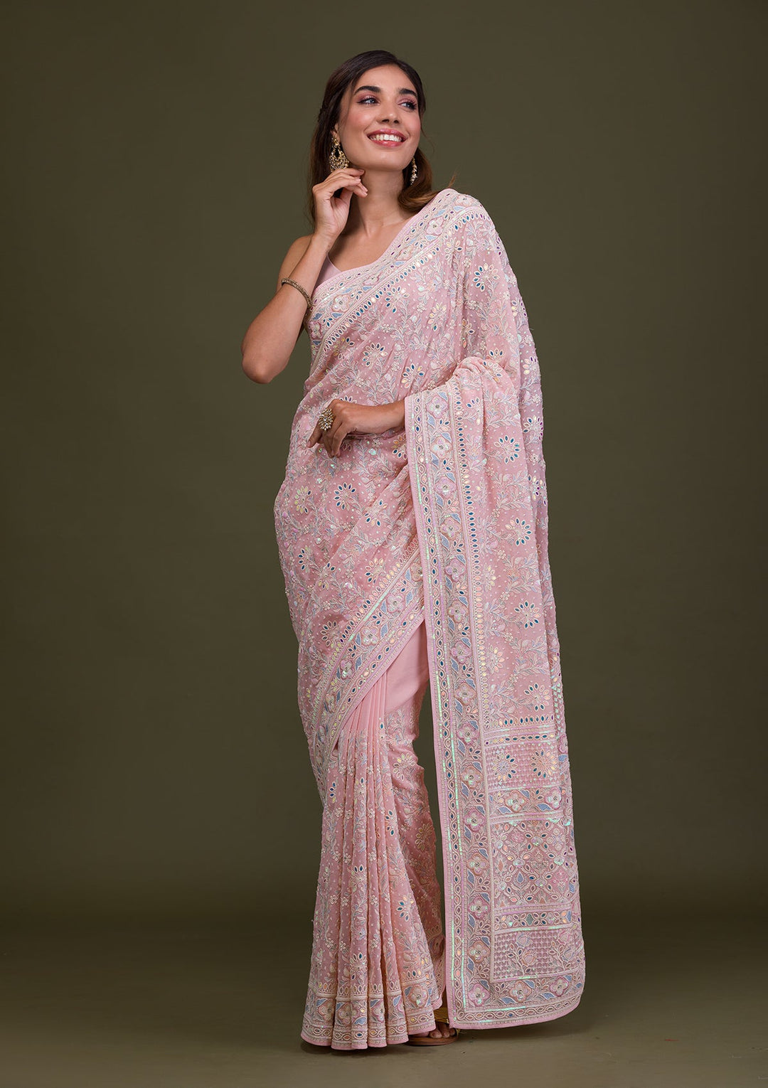 Pink Threadwork Georgette Saree-Koskii