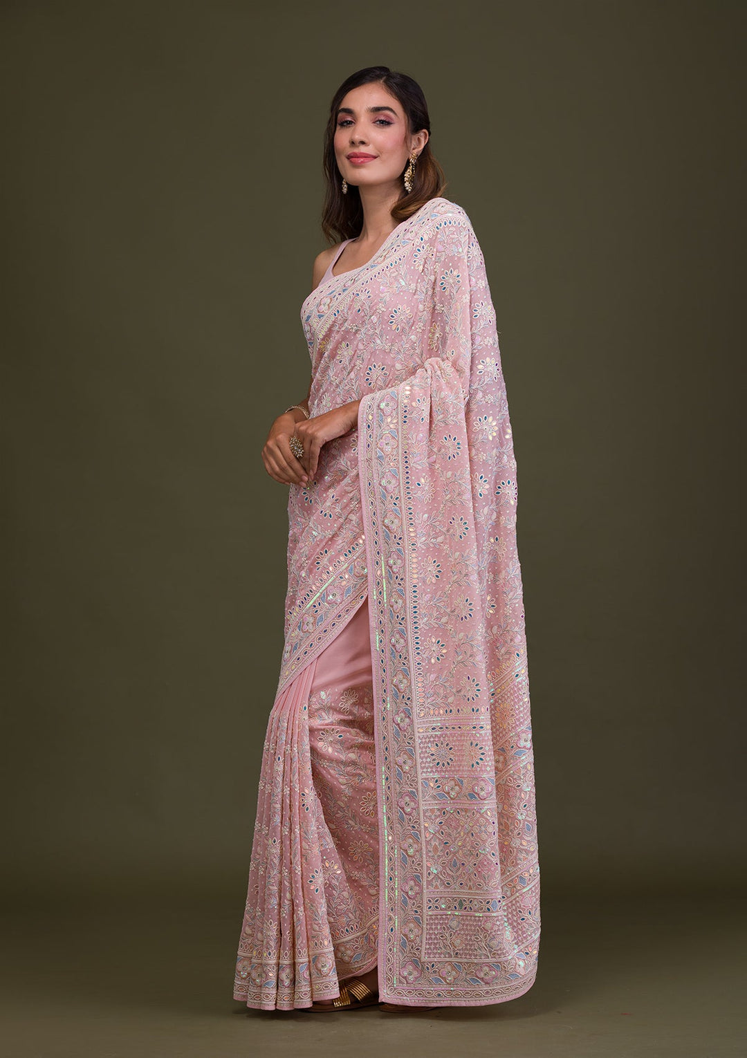 Pink Threadwork Georgette Saree-Koskii