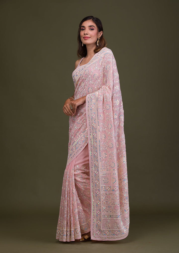 Pink Threadwork Georgette Saree-Koskii