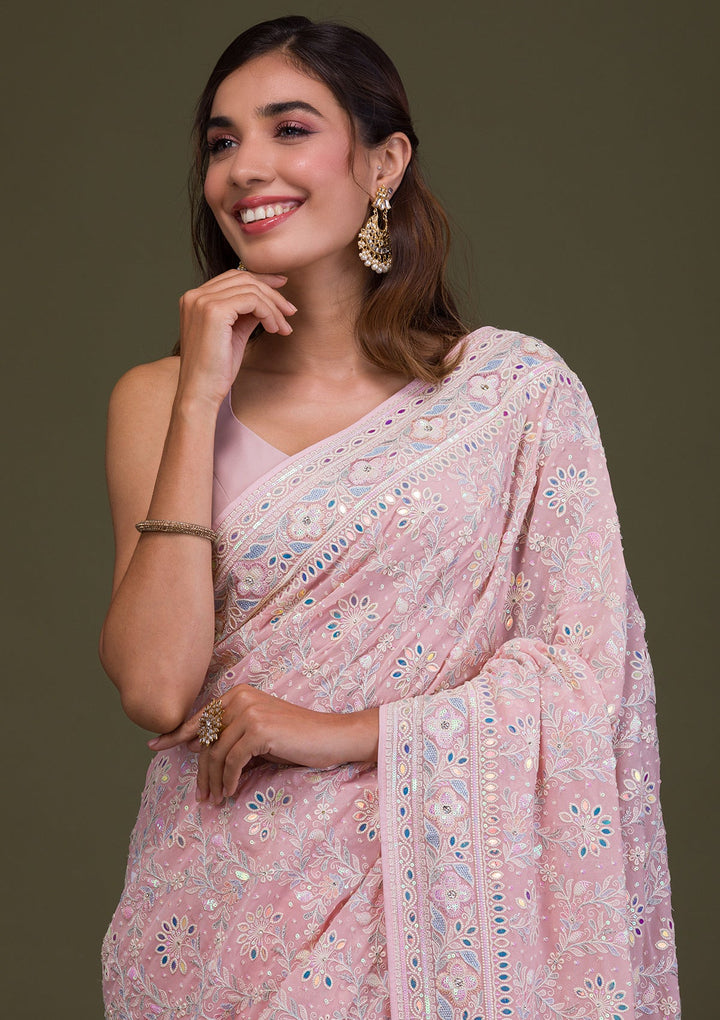 Pink Threadwork Georgette Saree-Koskii