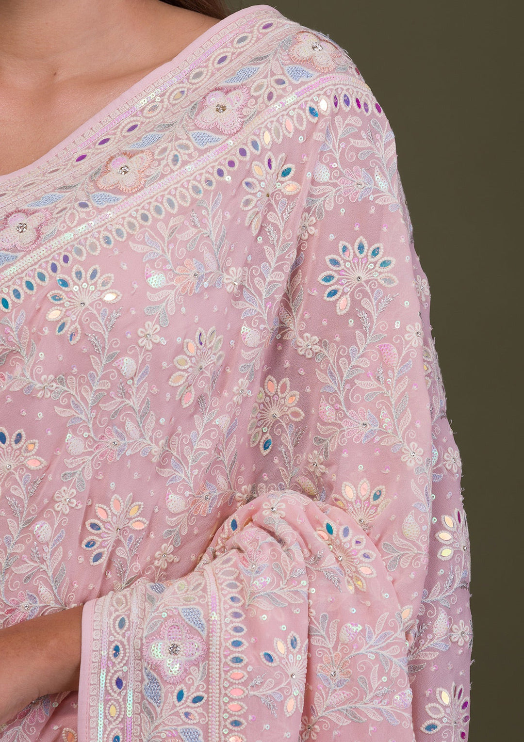 Pink Threadwork Georgette Saree-Koskii