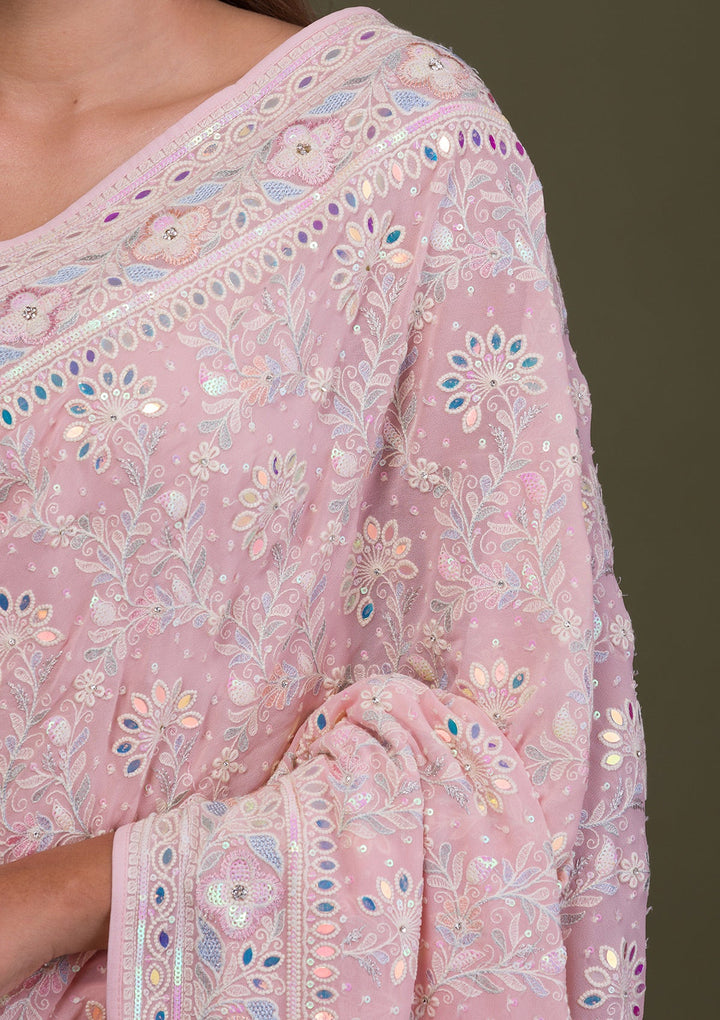 Pink Threadwork Georgette Saree-Koskii
