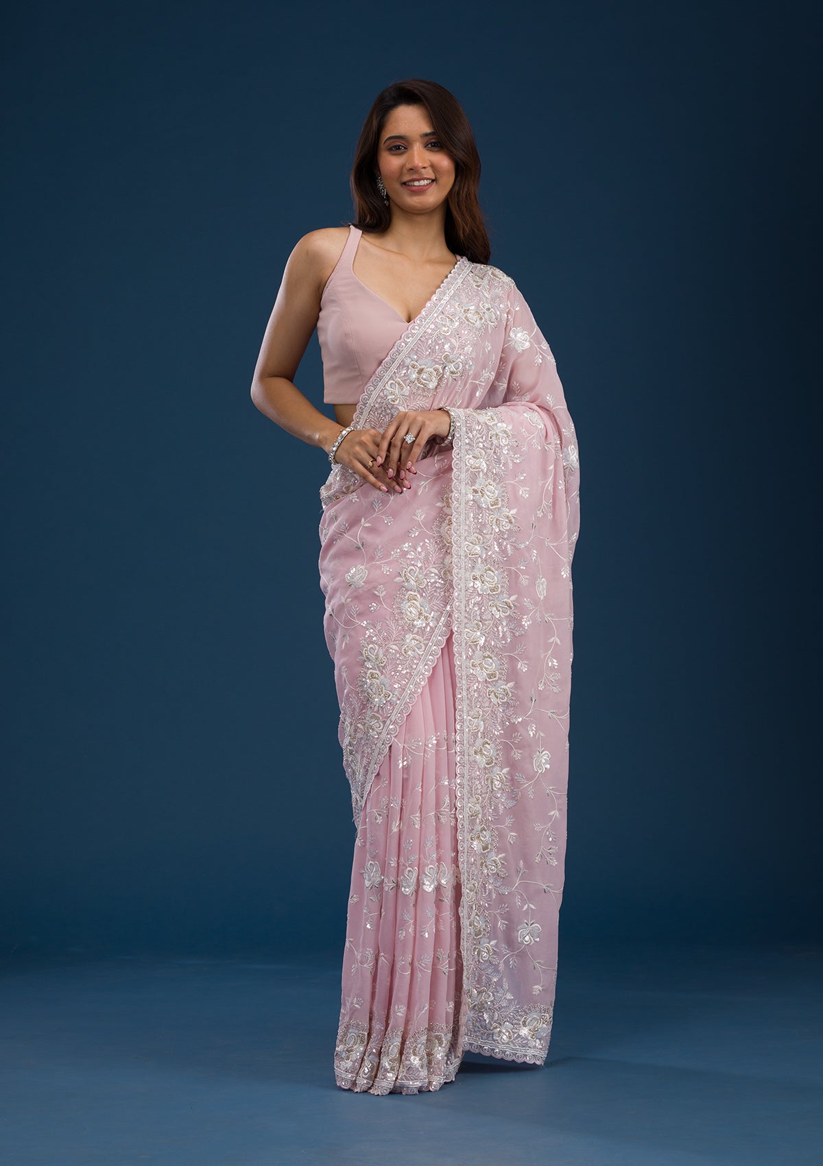 Pink Threadwork Georgette Saree-Koskii