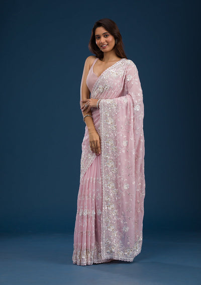 Pink Threadwork Georgette Saree-Koskii