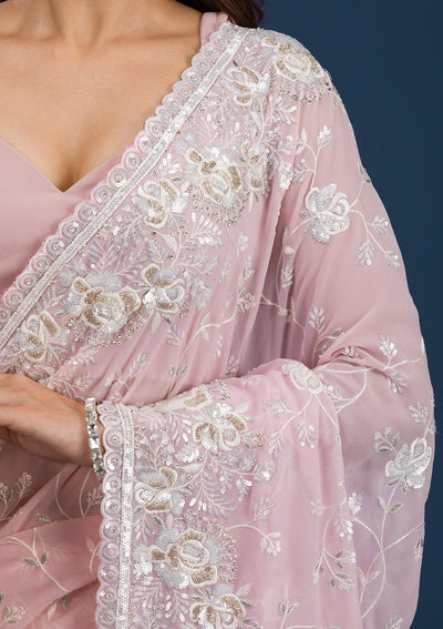 Pink Threadwork Georgette Saree-Koskii