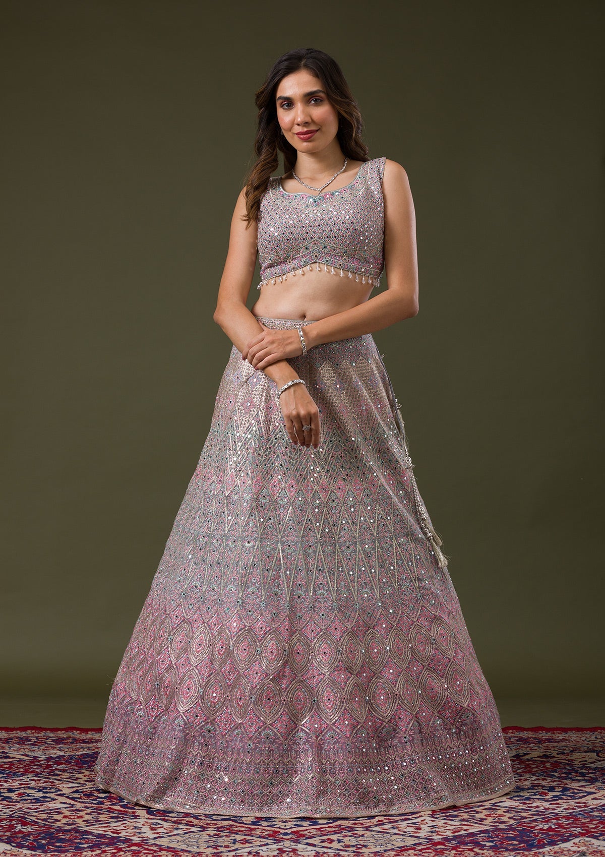 Pink Threadwork Net Readymade Lehenga-Koskii